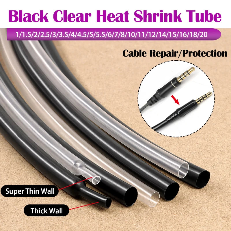 1~50m Black/ Clear Super Thin Wall Heat Shrink Tube Dia. 1~ 20mm DIY Shrinkable Earphone Line Audio Cable Repair Sleeve Wrap
