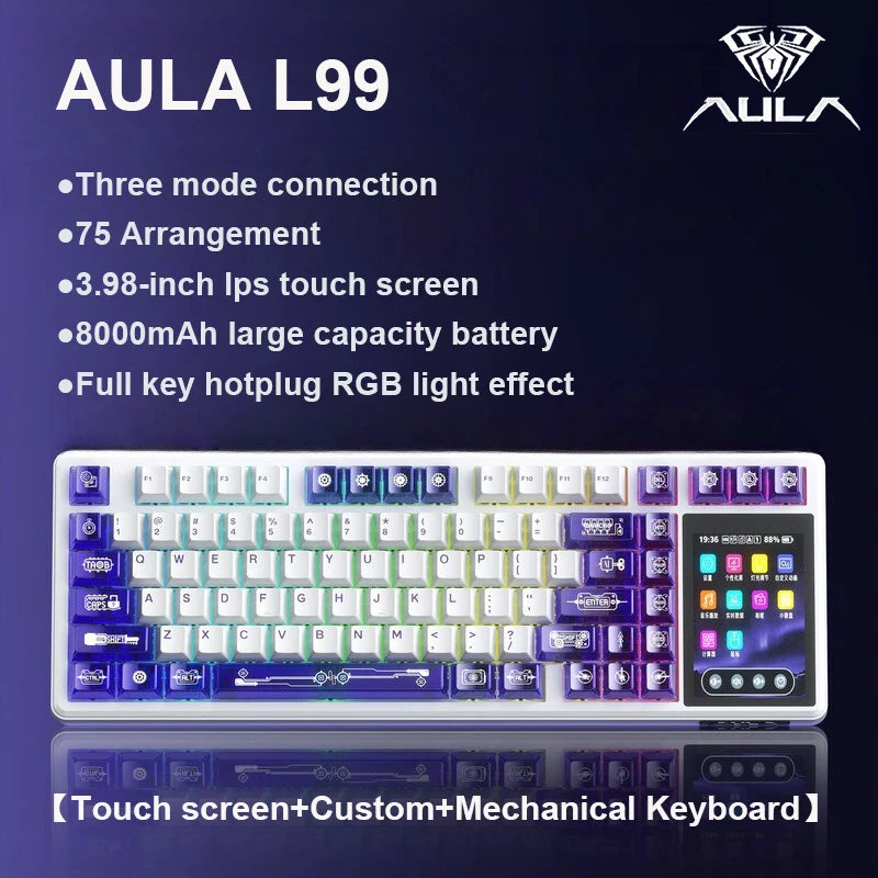 AULA L99 Intelligent Screen Mechanical Keyboard Bluetooth Wireless Tri-mode Night Gaming Laptop Keyboard 8000mAh Raindrop Switch